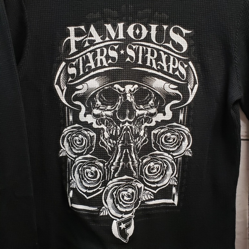 Vintage Mens Small Famous Stars and Straps Spell Out Skull Roses Thermal T Shirt
